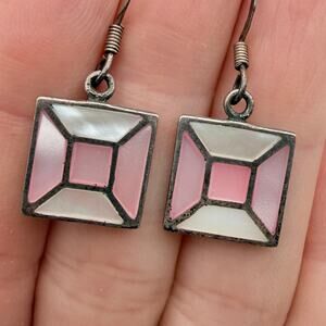 VTG 925 Silver Mother of Pearl Geometric Square Pink White Earrings Boho Dangle